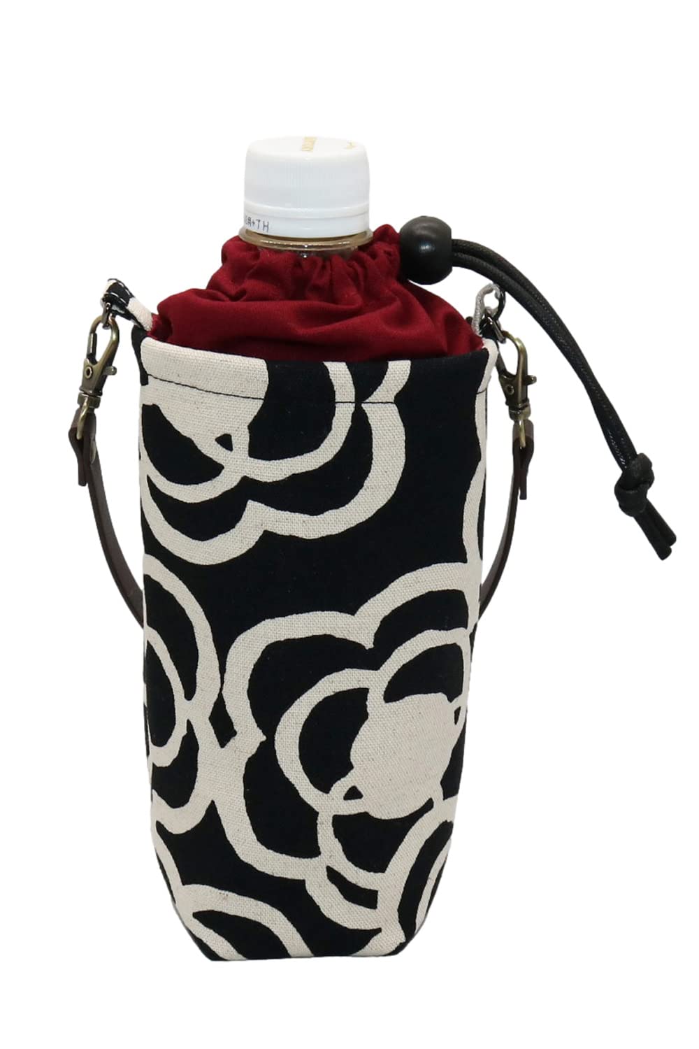 

Drawstring PET Bottle Cover, Keeps Water Bottles Cold or Hot, Fits 500-600ml Bottles, with Leather Handles, Nordic Style (Camellia Pattern, Black x