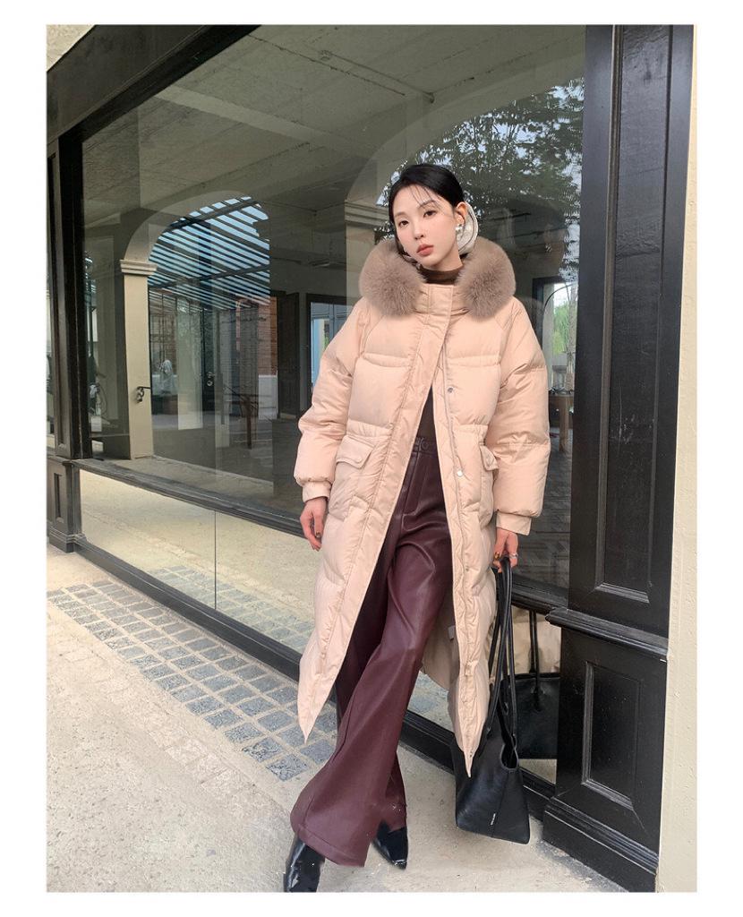 Longue Doudoune à Capuche pour Femme avec Fourrure de Renard Véritable, 90% Duvet de Canard Blanc, Longueur au-Dessus du Genou, Épaisse et Chaude