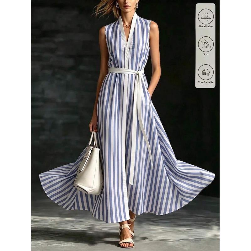 European summer new striped lace-up elegant holiday style sleeveless V-neck long dress women S