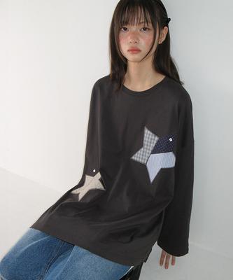 RONRON Mix Star Applique Over Fit Long Sleeve Charcoal