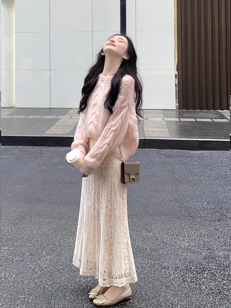 OK-323 Korean Style Pink Knit Cardigan & Lace Skirt Set - Autumn Collection