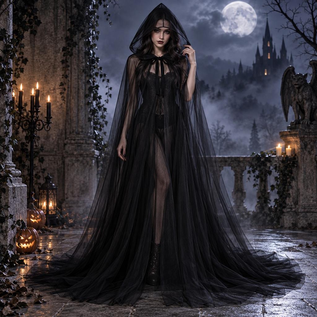 Mantello Nero Trasparente con Cappuccio da Donna Mantello da Strega di Halloween Costume da Vampiro Gotico Mantello Lungo in Tulle per Cosplay Festa in Maschera