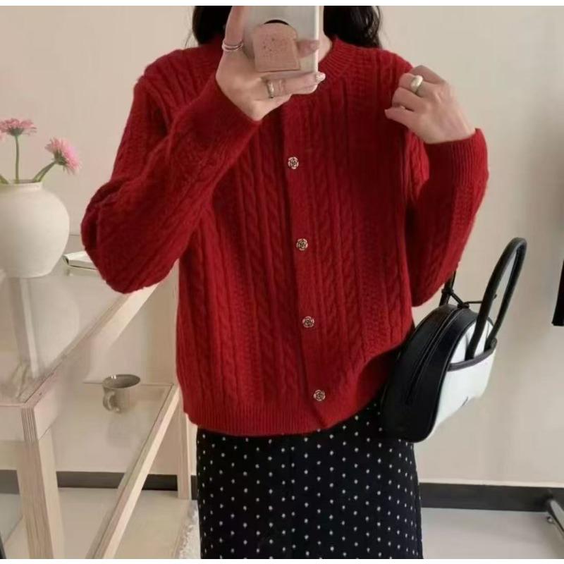 New twist texture woven round neck single-breasted simple long-sleeved loose-knit cardigan for women
