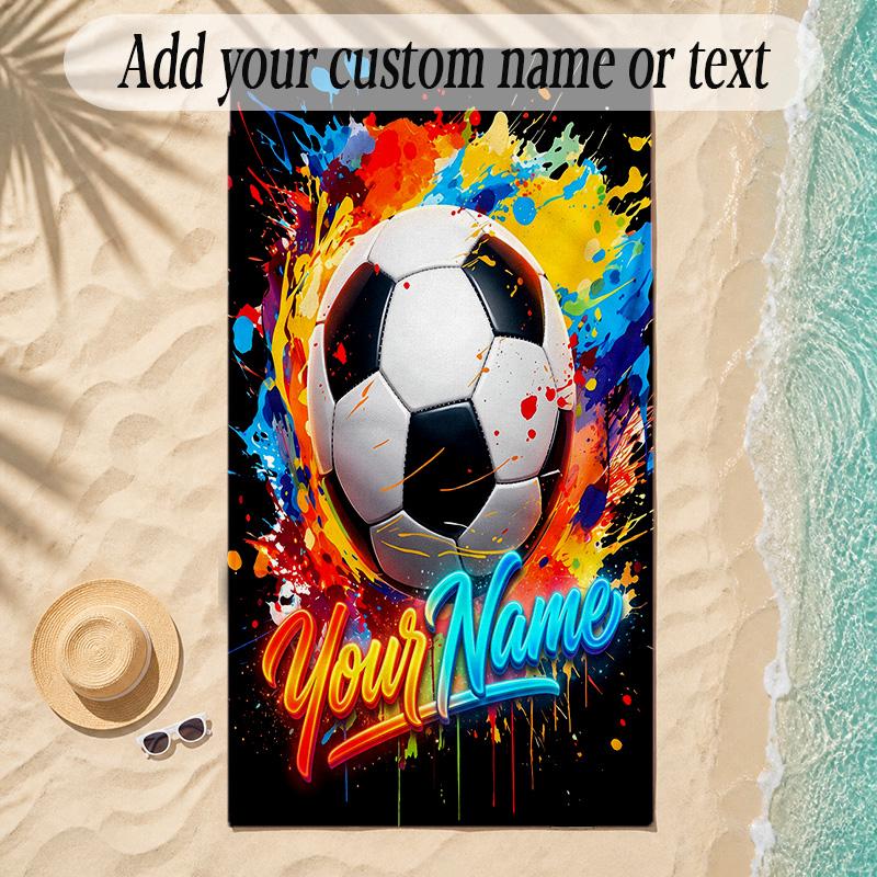 Soccer Theme Soft Beach Towel Personalized Custom Name Text Towel Portable for Beach Pool Travel