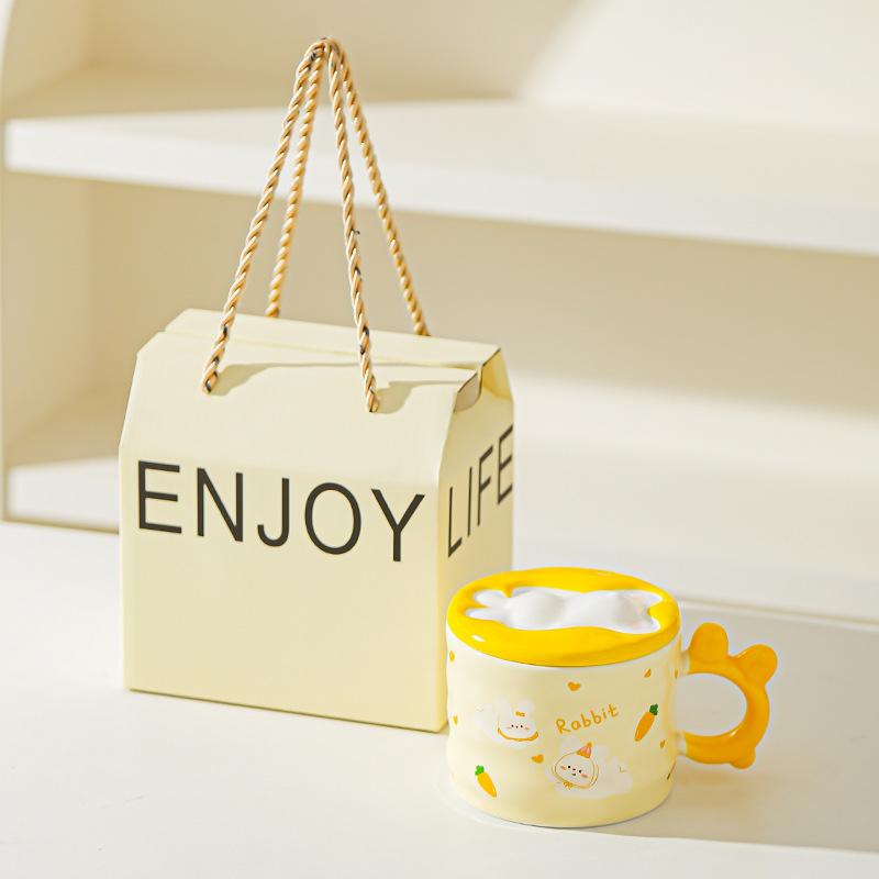 Little Rabbit Cartoon Lid Ceramic Cup Girls High Temperature Resistant Mug Cute Creative Water Cup Office Small Gift Cup