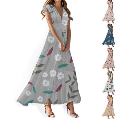 Kadın Yazlık Günlük Moda Çiçek Baskılı Elbiseler V Yaka Kısa Kollu Elbiseler