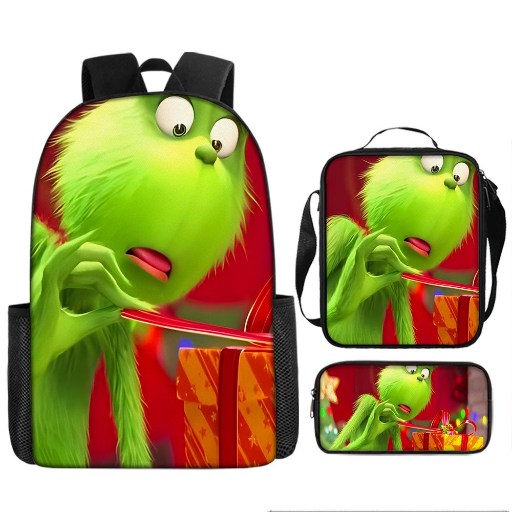 Green Hair Monster Grinch School Bag Campus 12345th and 6th Grade Backpack Lightweight Weight Loss Computer Bag Three-piece Set