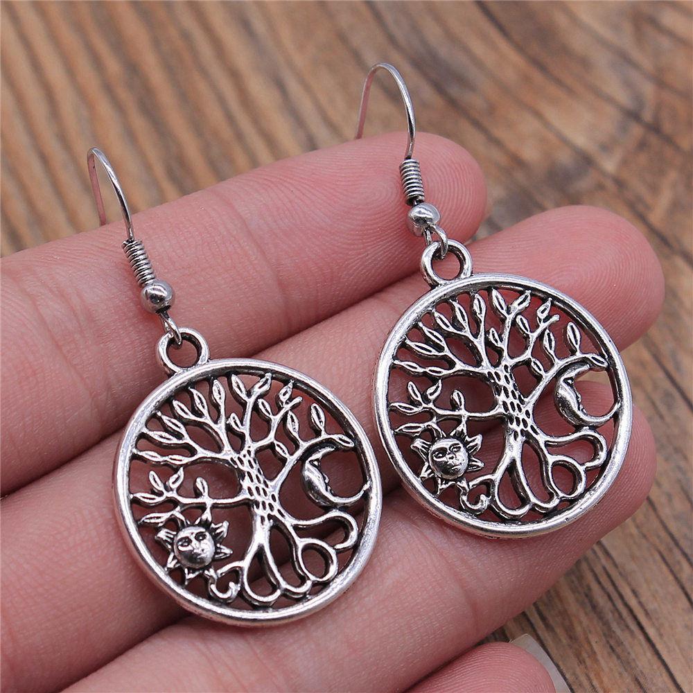 1 Pair Silver Plated Drop Earrings Women Hollow Out Tree Of Life Pattern Round Earring Moda Mujer Jewelry Fashion Pendientes