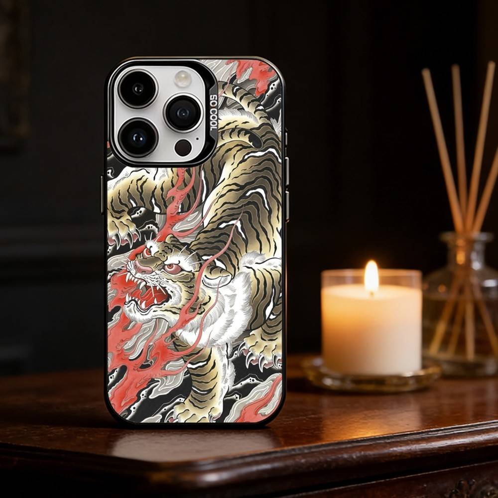 Japanese Ukiyo-e Tiger Phone Case For iPhone 17 16 15 14 13 12 11 Pro Max Plus Silver Matte Black Cover