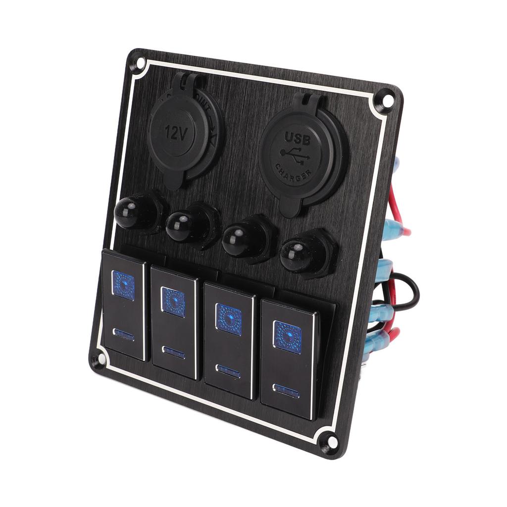 4 Gang Rocker Switch Panel with USB Cigarette Lighter Socket Toggle ON Off Combination Switch Panel for Caravan Yacht