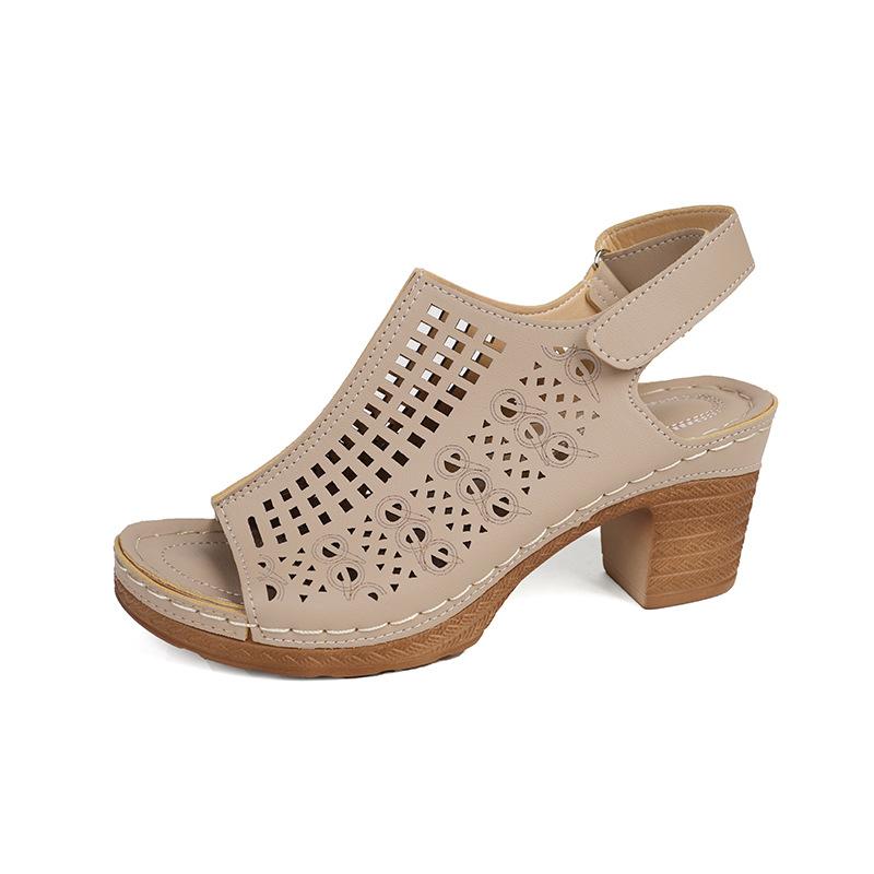 Summer 22 Sweet Velcro Sandals Large Size Height Increasing Coarse Heel Hollow Shoes Beach Shoes