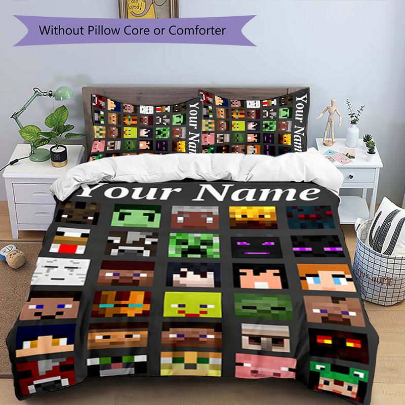 3pcs Minecraft2 Cover Set - Personalized Name, HD Printed Bedding with 1 Cover and 2 Pillowcases - Perfect for Home Decor, Easy Care