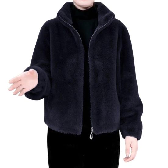 Kvinner vinterfrakk tykk fuskepels Turn-down krage Kort type zip-up cardigan lange ermer Kuldesikkert yttertøy Skole utendørs jakke