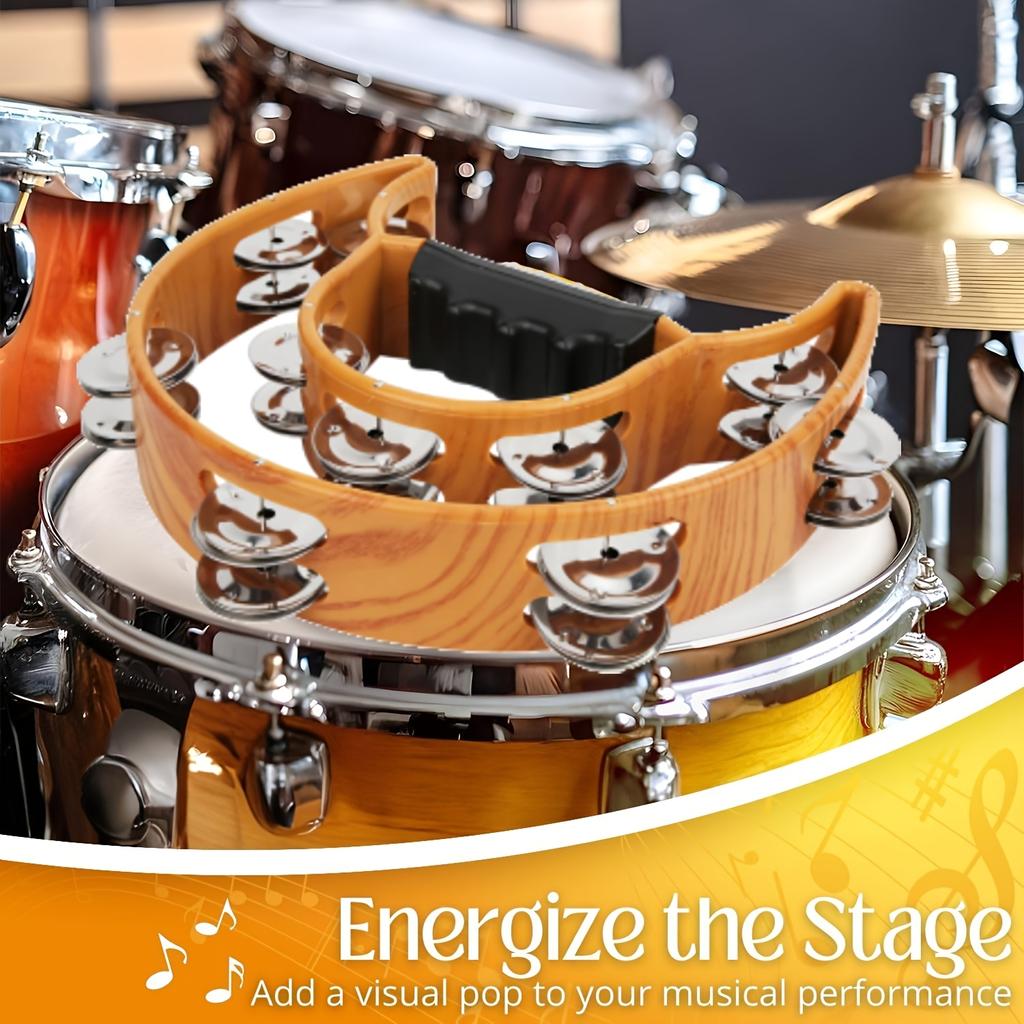 Tamburină ergonomică cu două rânduri de clopoței, galben ghimbir - Instrument muzical versatil cu clopoței metalici, Ideal pentru nunți, evenimente în aer liber, festivaluri