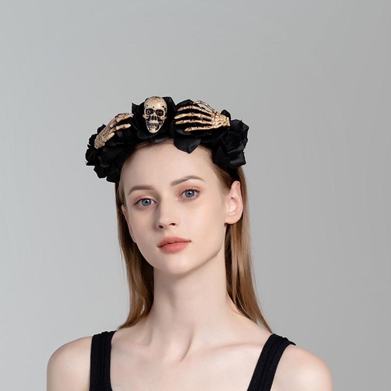 Skull Headband Halloween Tiaras And Crowns Halo Flower Headband Day of The Dead Headband Rose Flower Crown Hairband