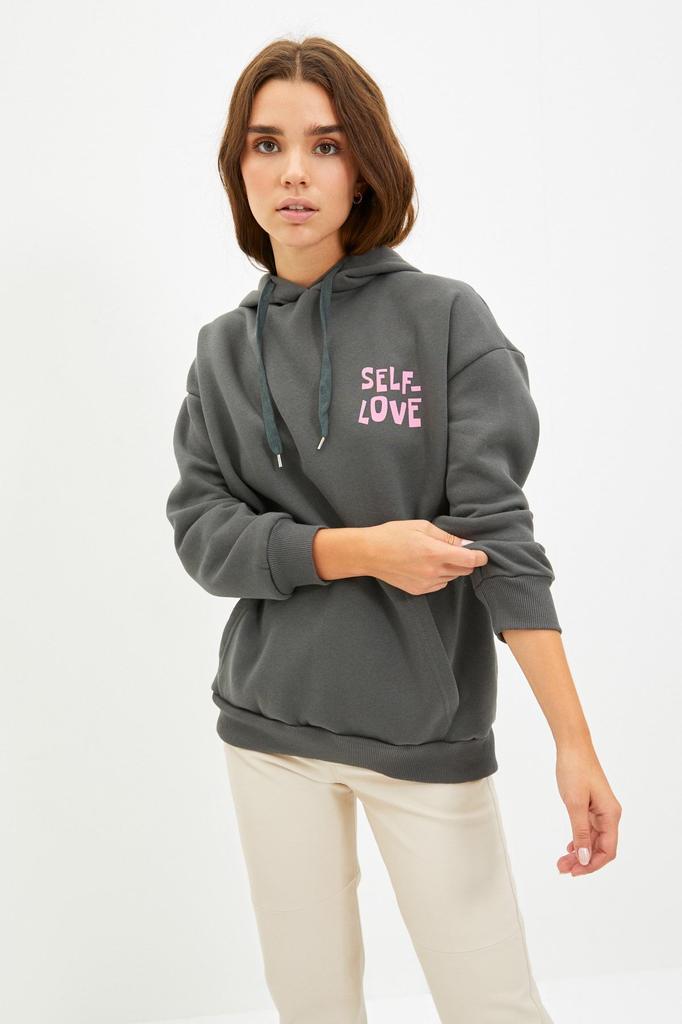 Women's Fashionable Stylish Sweatshirt Stone Back Print Detailed Oversize Wide Fit Thick Inside Fleece Knitted Sweatshirt