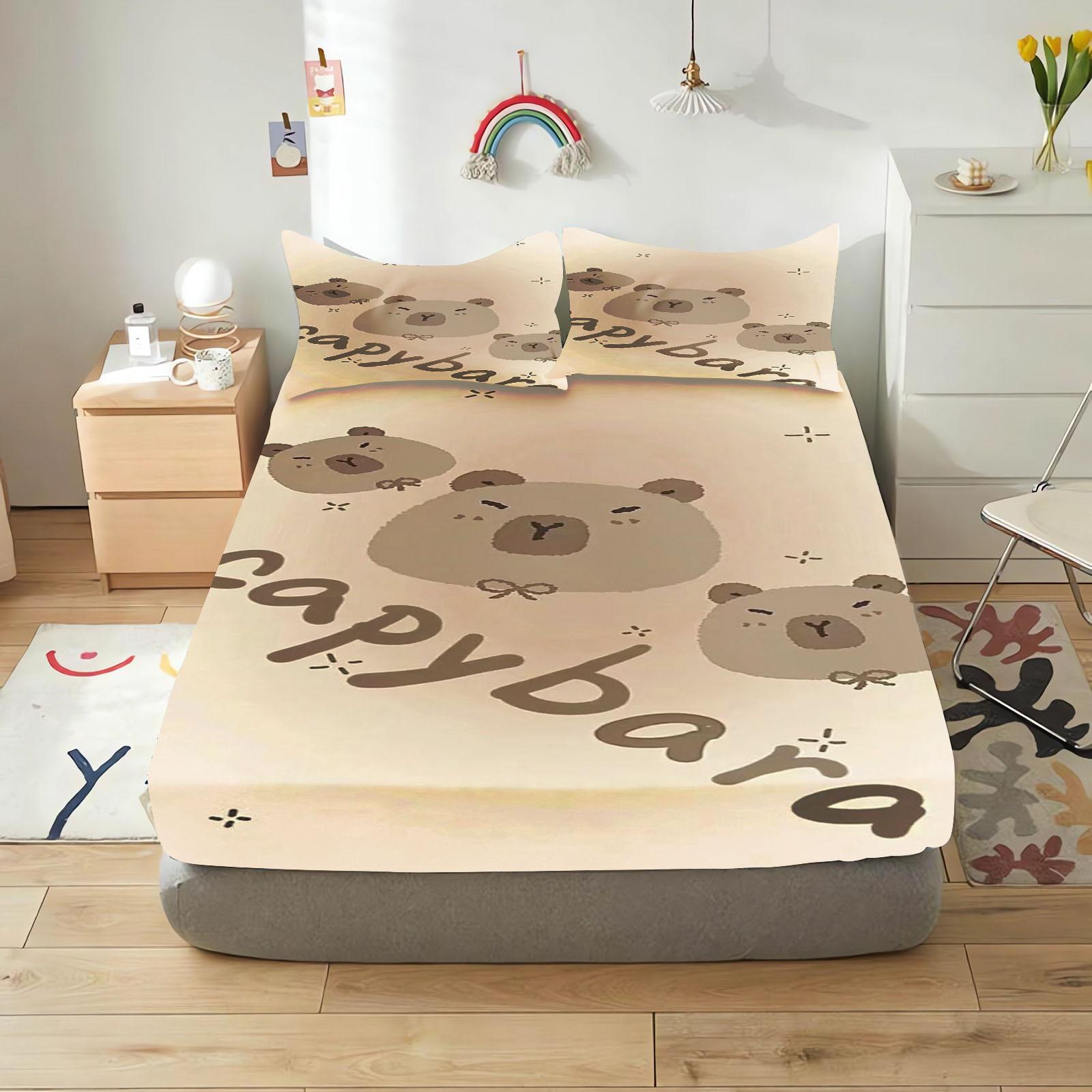 

Fitted Sheet Cartoon Capybara Children Skin-Friendly Elastic Sheets Soft Breathable Cute Printing 90x190cmx25cm&Flat Sheet