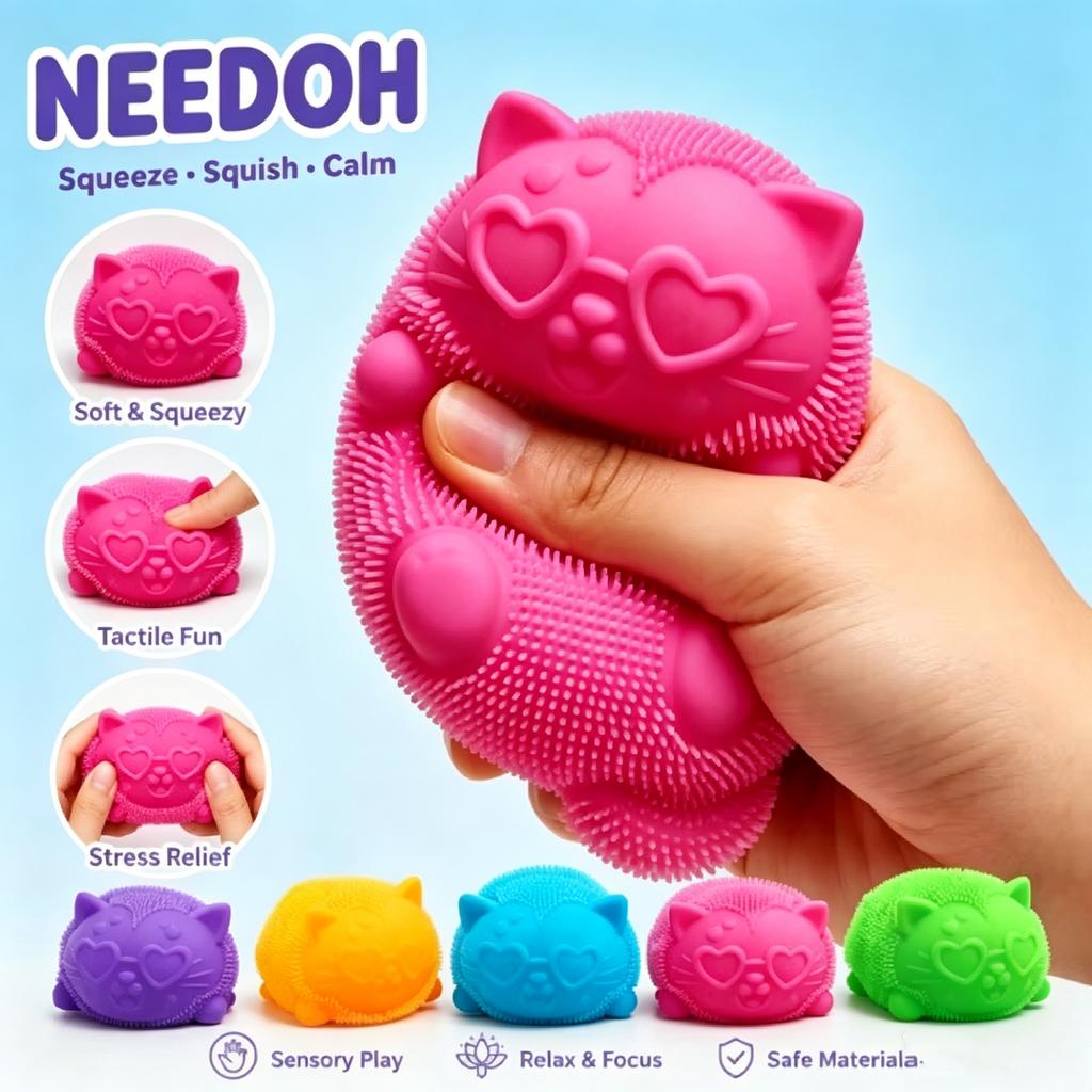 Heißes Needoh Fuzz Ball Katzen Stressabbau Puzzle Spielzeug Malzzucker Squishy Stressabbau Langsamer Rückprall Anti-Angst Quetschspielzeug