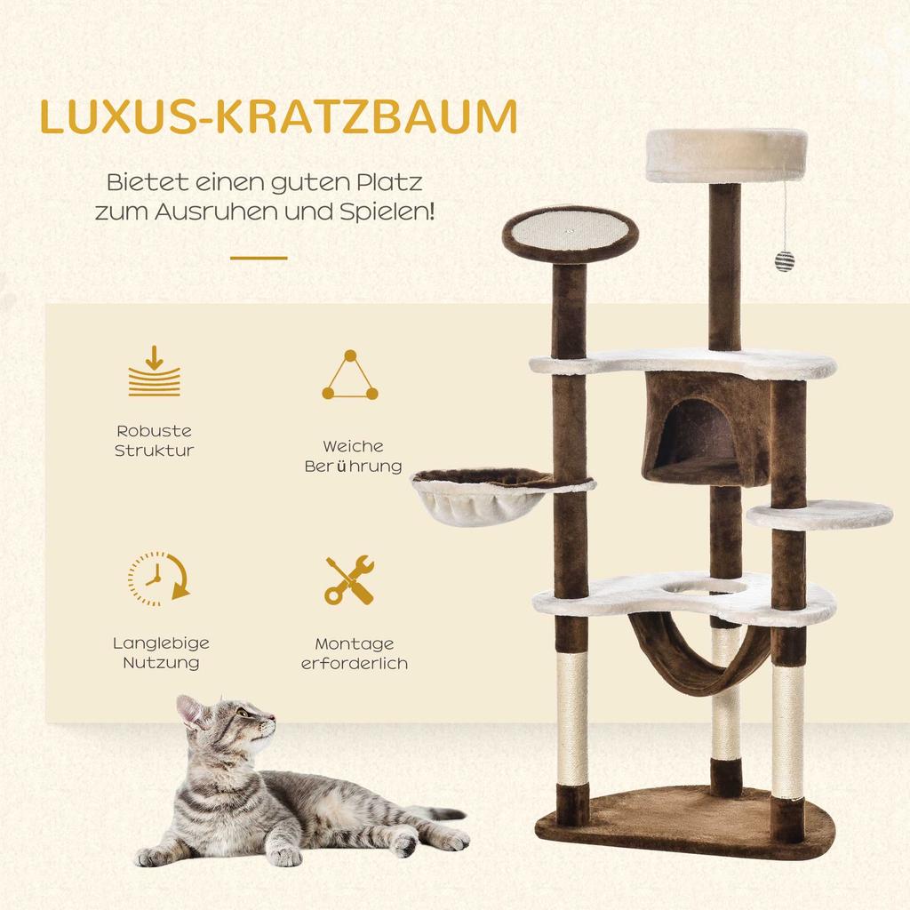 XXL Cat Tree 153H cm with Cat Cave, Hammock, Climbing Tree for Cats, Plush Brown for Play & Relaxation