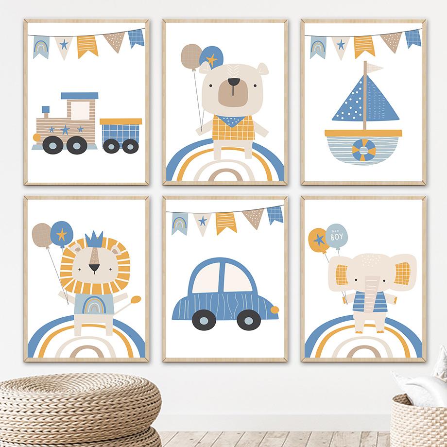 

Слон, Лев, Медведь, лодка, автомобиль, поезд, воздушный шар, настенная живопись на холсте, постеры на скандинавскую тему и принты, настенные панно для мальчиков, декор для детской комнаты