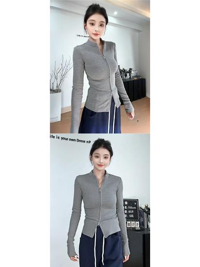 Hong Kong Style Double Zipper Stand-Up Collar Short Jacket: Women's Slim Fit Sweet & Spicy Long Sleeve Base Shirt