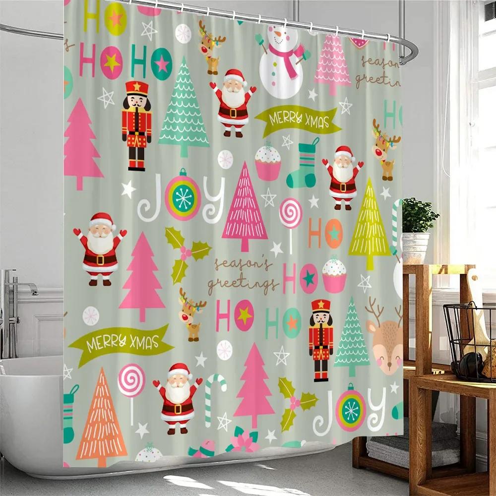 Christmas Cartoon Shower Curtain Santa Claus Xmas Tree Elk Snowflake Merry Christmas Bathtub Decor Polyester Fabric Bath Curtain