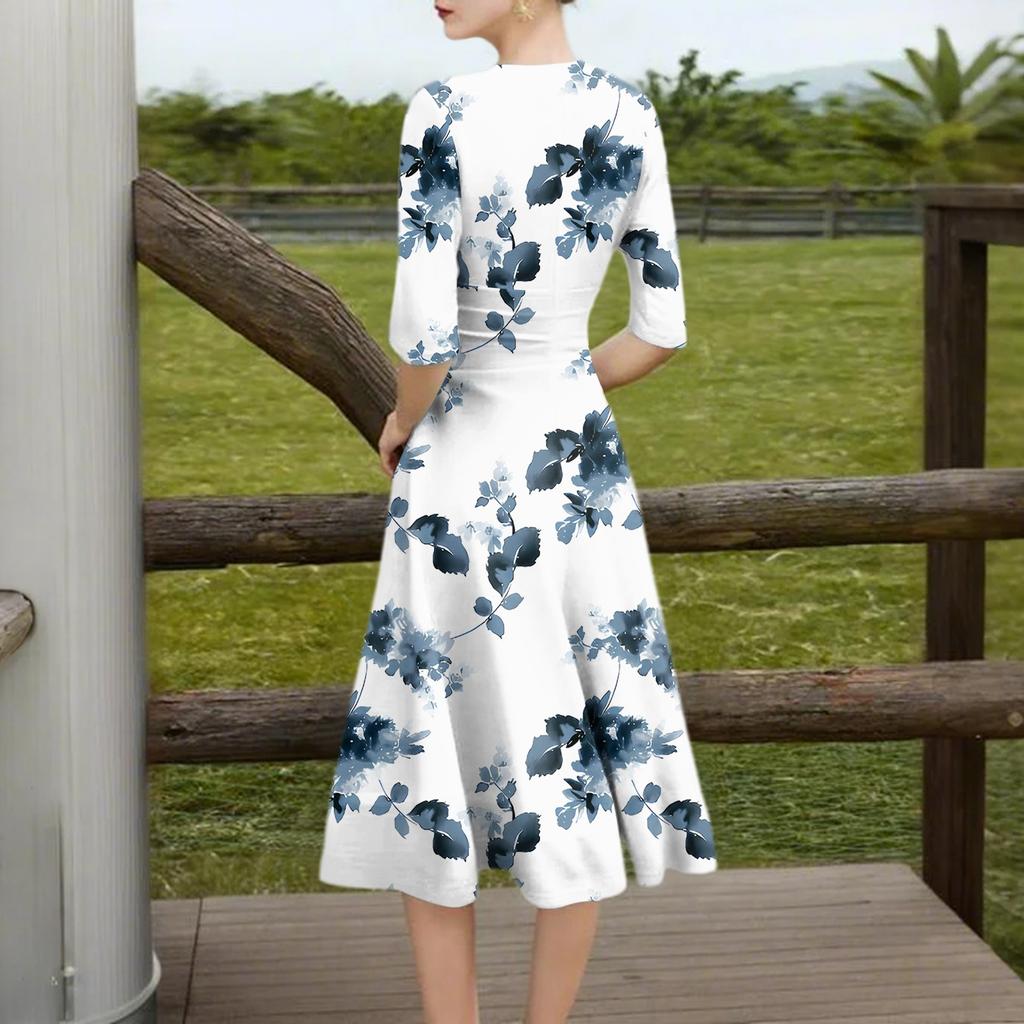 A Fashionable Mid-Sleeved Mid-Length Dress With Floral Prints And A Sexy V-Neck