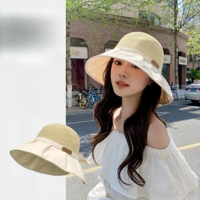 Women's Summer Sun Protection Straw Hat Full Coverage Bucket Hat Large Brim Sun Hat Face-Covering Cycling UV Protection Outdoor Hat