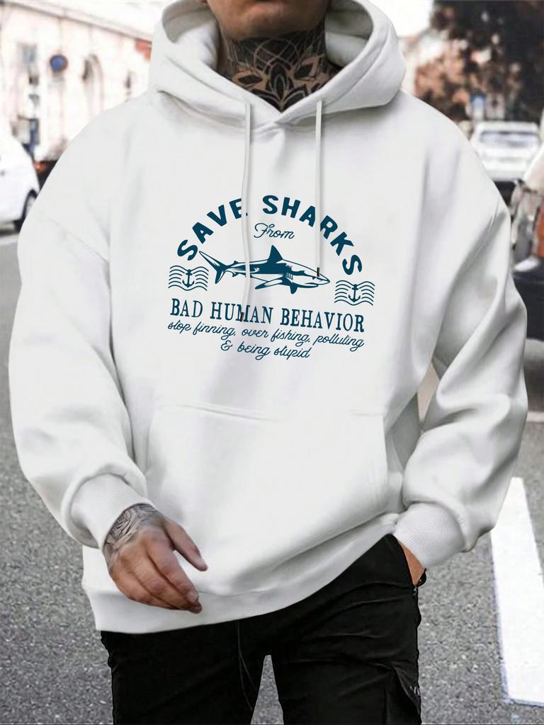 Preventing Human Bad Behavior Save Sharks Printing Men Hoodies Multicolor Loose Hoody Autumn Fleece Streetwear Pocket Unisex Top