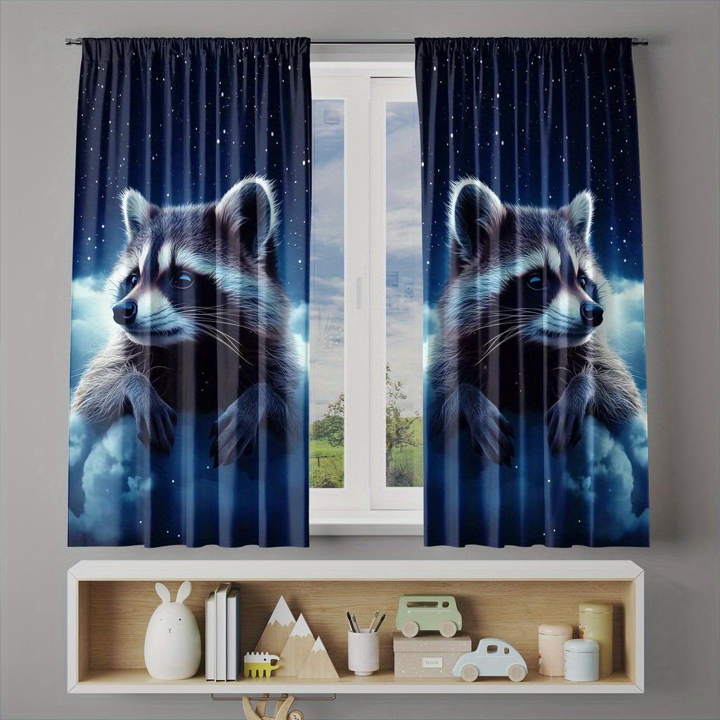 2pc Cute raccoon print curtains, polyester fabric, machine washable, suitable for bedroom and living room decoration