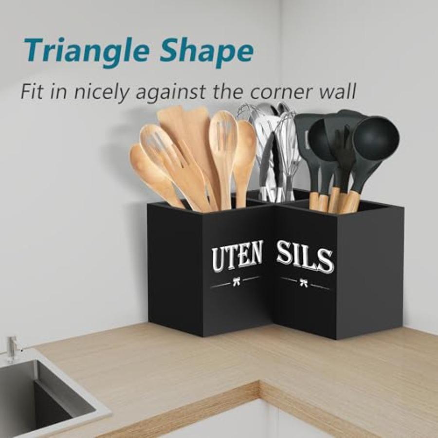 Extra Large Kitchen Utensil Holder with 3 Compartments Corner Caddy for Countertop Wooden Organizer in Black Farmhouse Style Ki