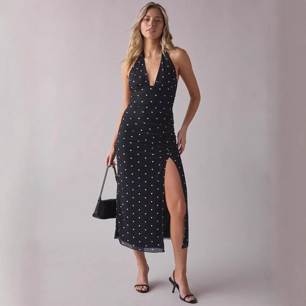 American Spice Girl Style Neck Dress Women's Summer Split Forked Fine Glitter Printed Mesh Dress Side Pleated Sexy Long Skirt