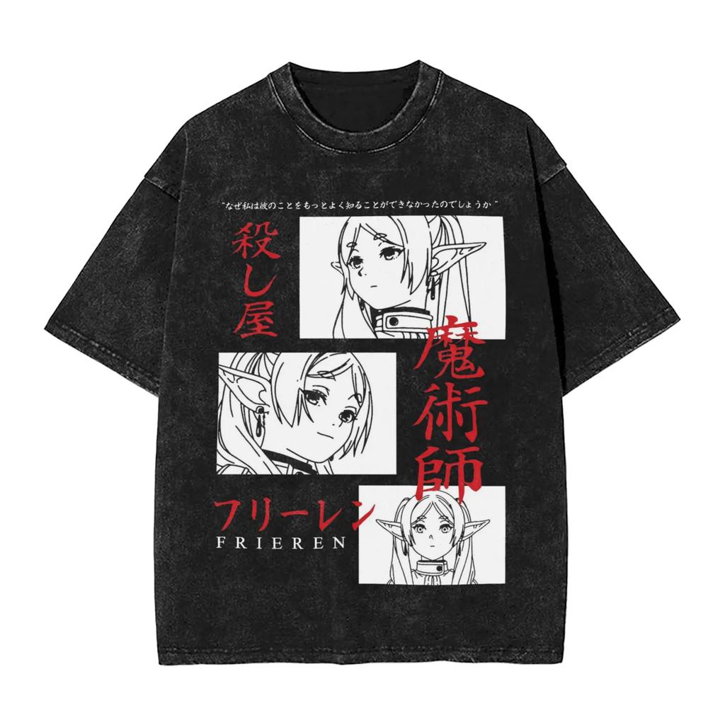 Anime Frieren Cute Printed T Shirt Harajuku Y2k Washed T-shirt Summer High Quality Pure Cotton Tees Tops Men Unisex Clothing