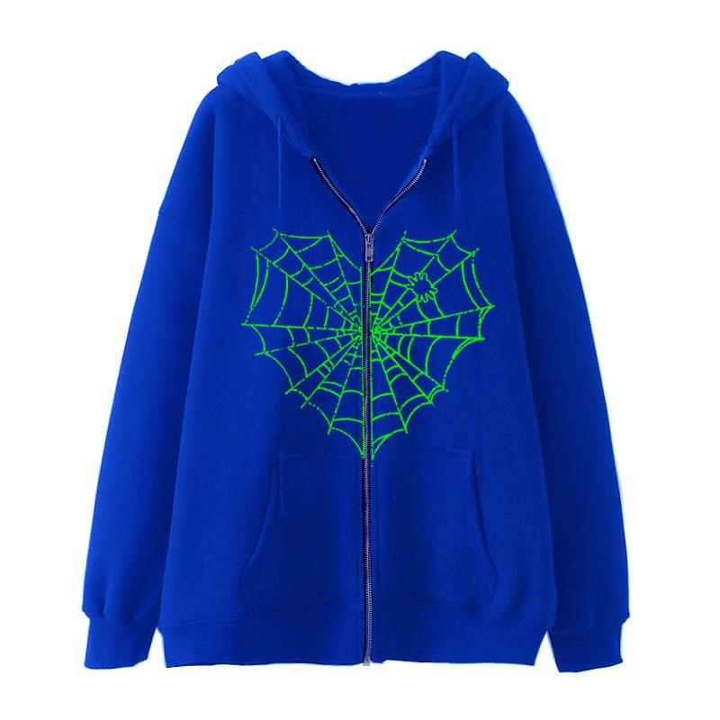 Colorful Spider Web Print Zip Up Hoodie Loose Fit Streetwear Y2K Couple Outerwear