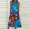 Plus Size Ladies Sleeveless Round Neck Dress Bold Tropical Palm Leaves Flowy Calf Length Dress