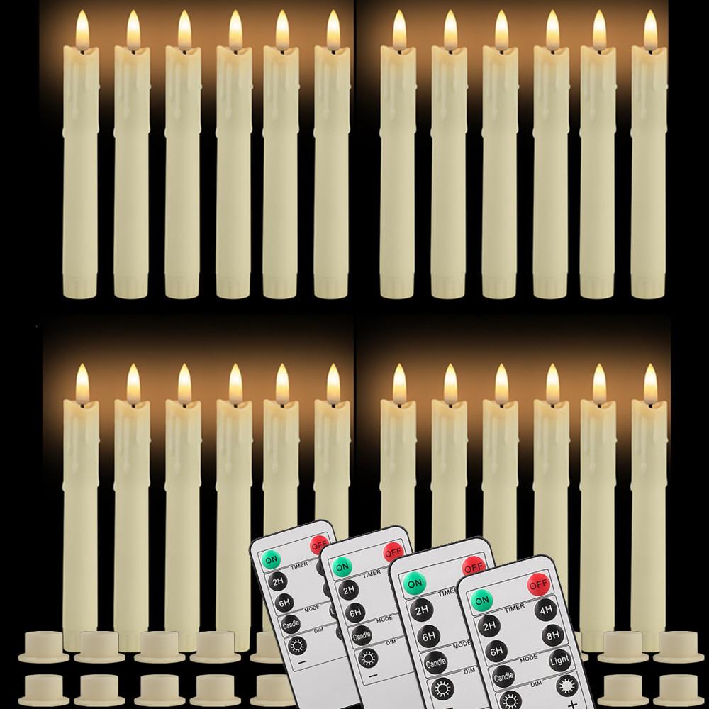 Pack of 12/24pc Flameless Flickering Ivory Taper Candles with Remote Battery Operated LED 3D Wick Candle Christmas Wedding Decor