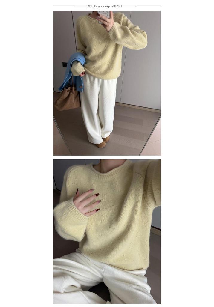 Jacquard Sweater - Small Rolled Edge, Round Neck, Loose and Slimming Korean Style Casual Top