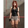 H Home European and American Women's Clothing Pull Spicy Cool Girl Eyelet Button U Collar Halterneck Leather Vest Street Sexy Black Tops