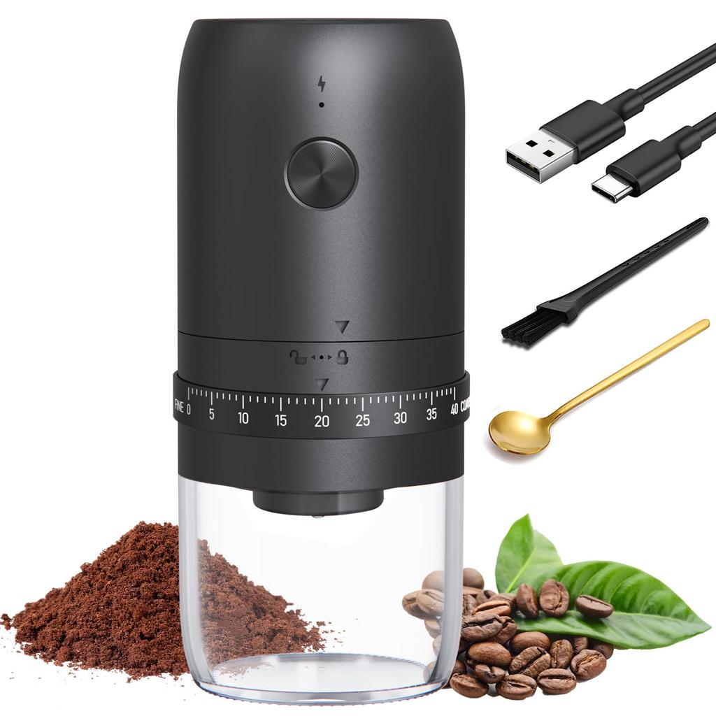 DERGUAM Electric Coffee Grinder, Updated Model Rechargeable Coffee Bean Grinder, Portable Compact Coffee Grinder with 0-40 Precision Thickness