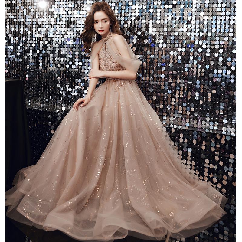 Champagne evening dress fairy bridesmaid dress 1011 summer new banquet temperament host heavy industry long dress