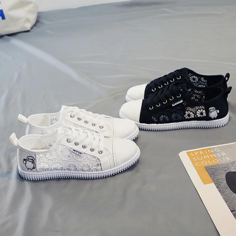 Fashion Chaussures Plates Blanches En Dentelle Respirante Pour Femmes, Baskets D'été Pour Étudiants, Chaussures En Toile En Maille