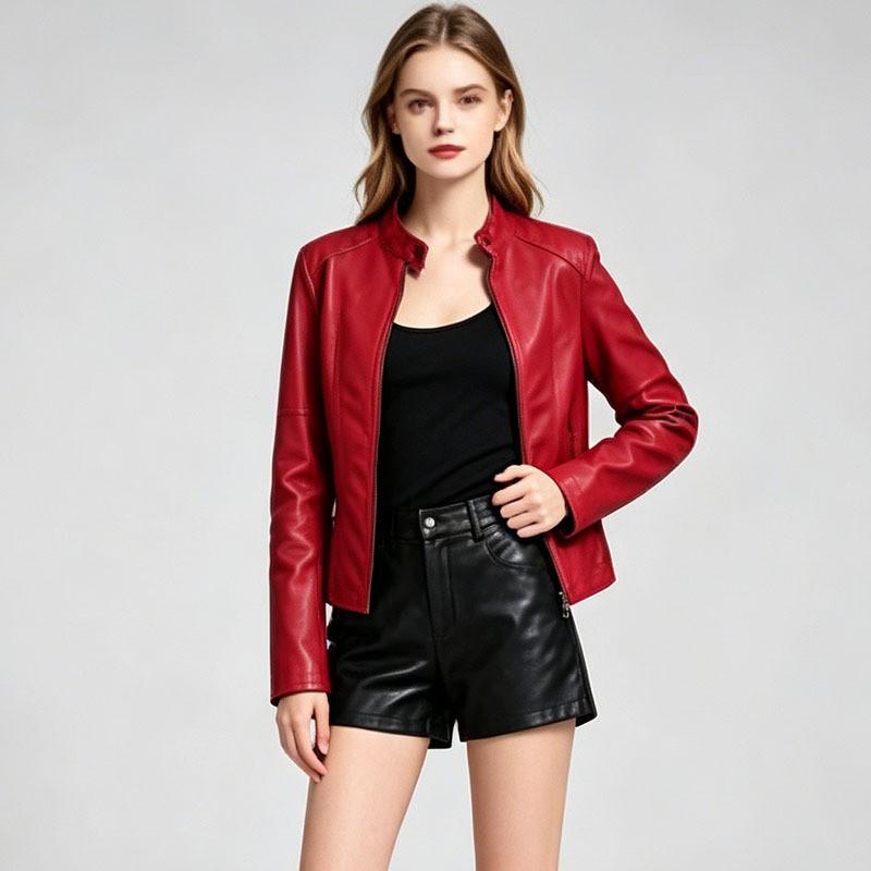 Womens Slim Fit PU Leather Jacket Stand Collar Plus Size Moto Style