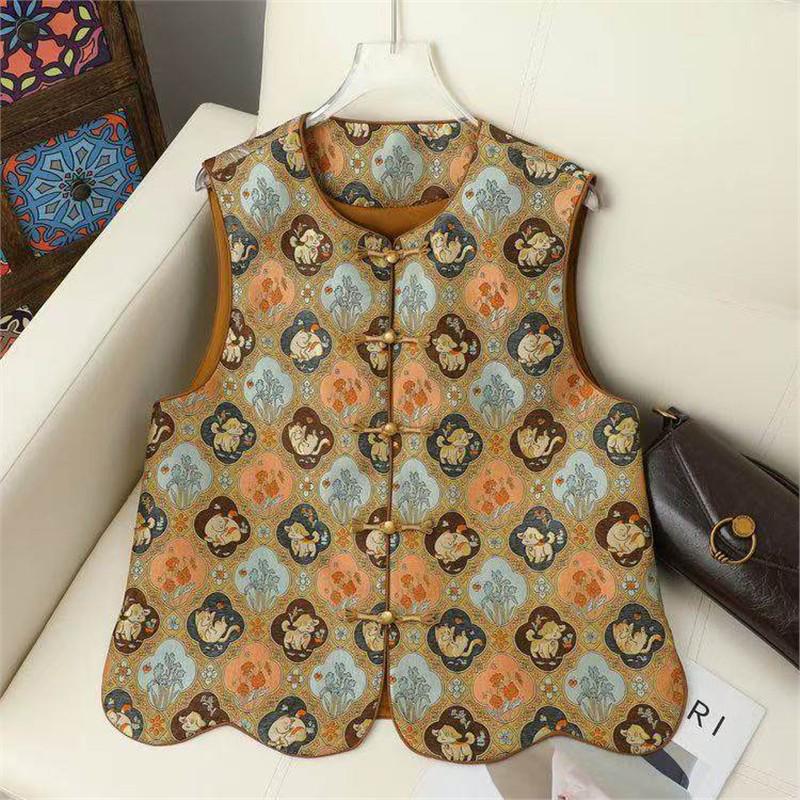 Women s Floral Jacquard Stand-Collar Loose Tang Style Vest 4XL (145-160 jin) коричневый