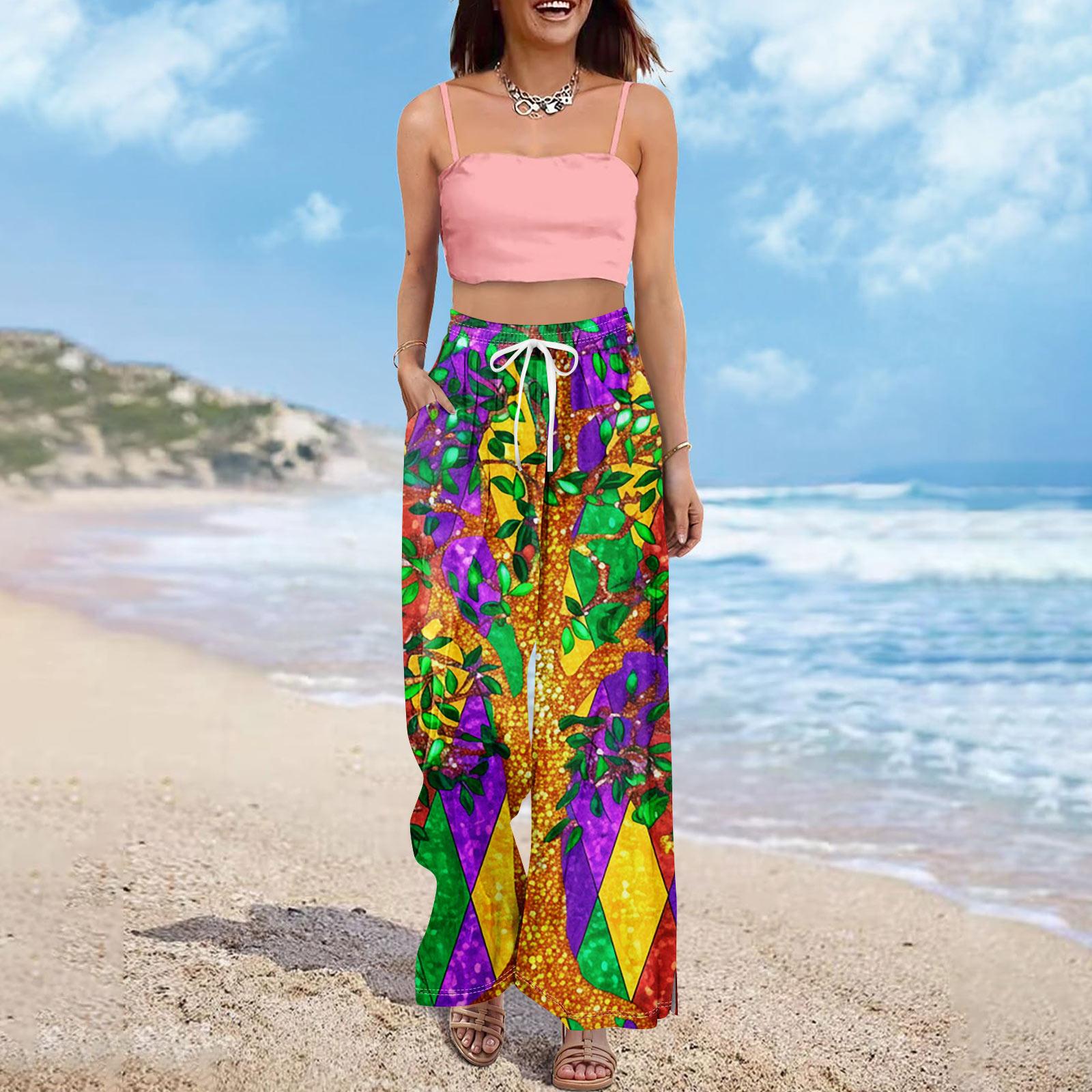 

Женские летние брюки-палаццо в стиле бохо с высокой талией, широкие повседневные брюки с принтом и карманами XL жёлтый