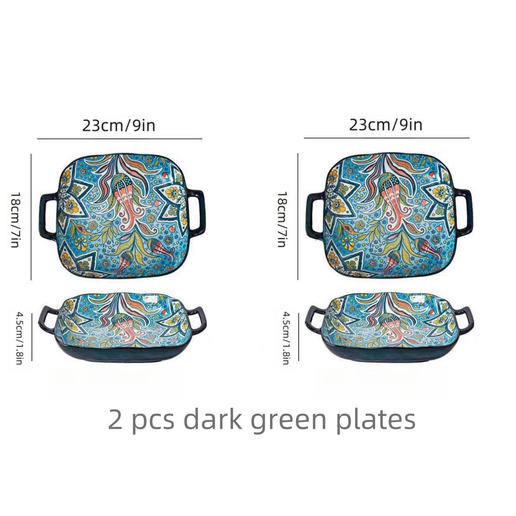 Hand-painted Bohemian Ceramic Baking Dish Square with Handles For Pasta and Desserts Suitable for Oven and Microwave.