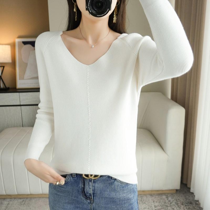 Spring and Autumn New V-Neck Long Sleeve Women's Bottom Knitted Sweater Top Autumn and Winter Slim-fit Tights Sweater Women's Inside