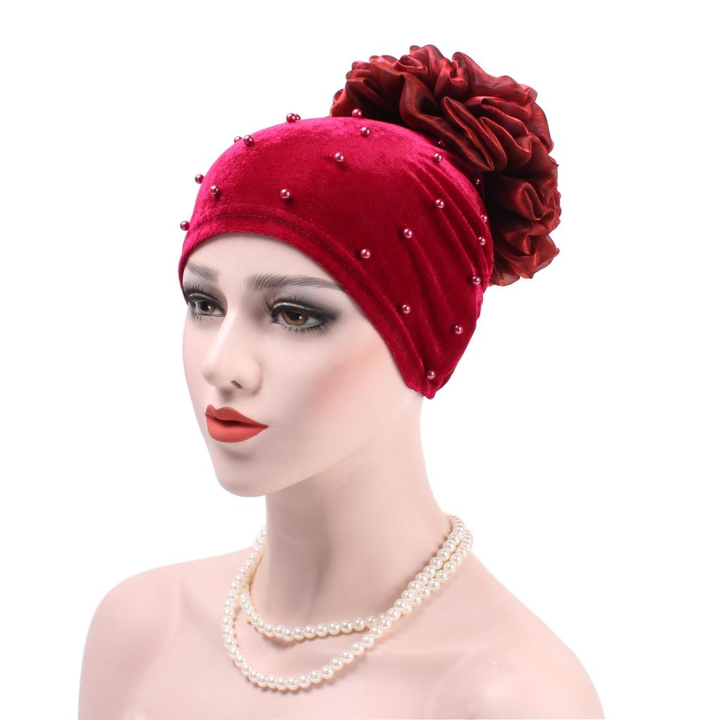 New Velvet Pearl-Studded Korean Beanie with Flower Headscarf