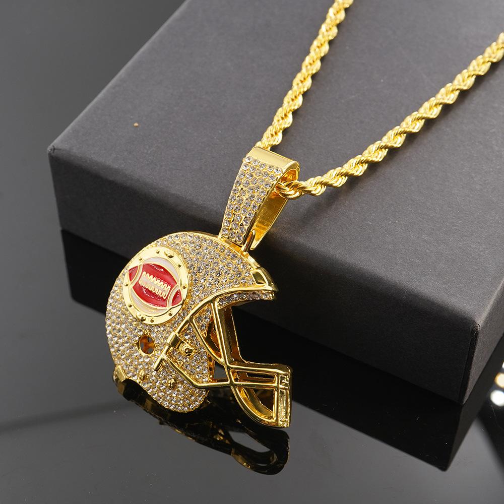 New hip-hop full diamond trend bouncing football helmet pendant with 5mm twist chain necklace