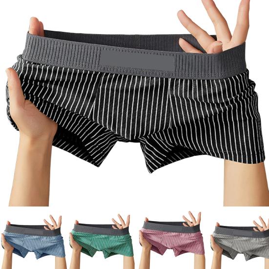 Men Boxer Underwear Mid-rise Striped Print Patchwork Color Thin Shorts Briefs Quick Drying U-convex Panties