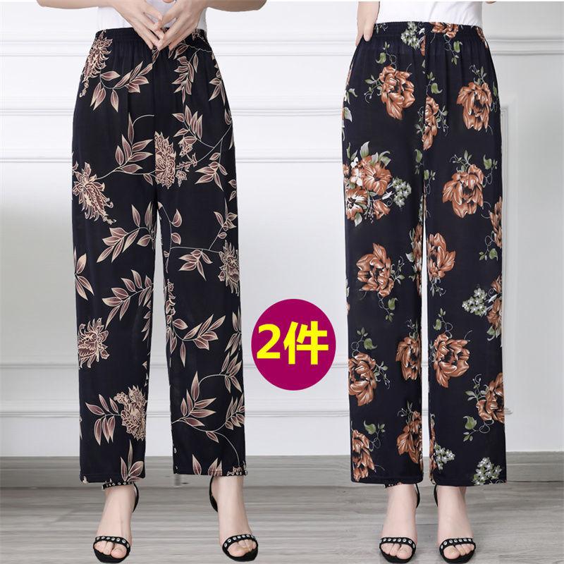 

Новые брюки для мамы среднего и пожилого возраста, летние брюки с цветочным принтом, больших размеров, свободные женские брюки, укороченные брюки из ледяного шелка XL